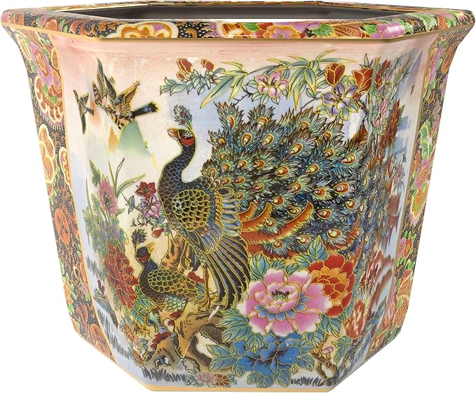 Red Lantern 10" Porcelain Flower Pot, Satsuma Ladies & Peacock