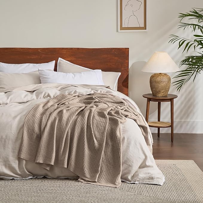 Bedsure 100% Cotton Blanket Queen Size for Bed - Breathable and Soft, Waffle Weave Blanket for Summer, Thick Cozy Fall Blankets for Women Gift, Taupe, 90x90 Inches