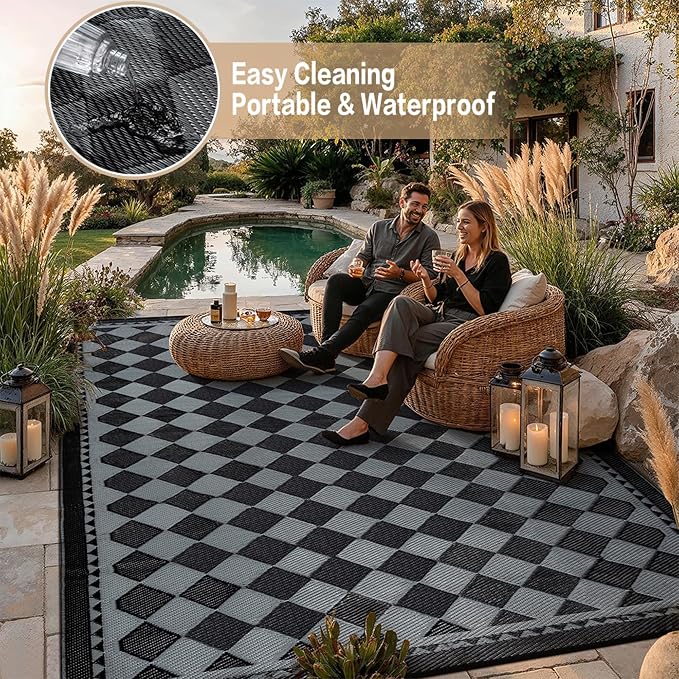 HUGEAR Outdoor Waterproof Rug 9'x12' Plastic Straw Rugs Washable Reversible Floor Mat Black/Grey Plaid Carpet for Camping RV Deck Entryance Porch Picnic Balcony Beach Backyard