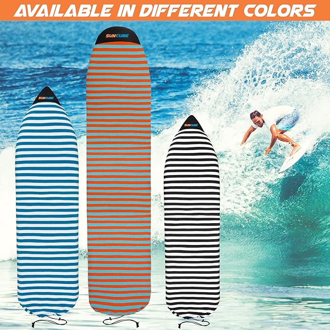 SUN CUBE Surfboard Sock Cover, Protective Surf Bag for Surfing Board, Light Stretchy Surfbag Sleeve for Longboard, Hybrid (8'6'', Black White)