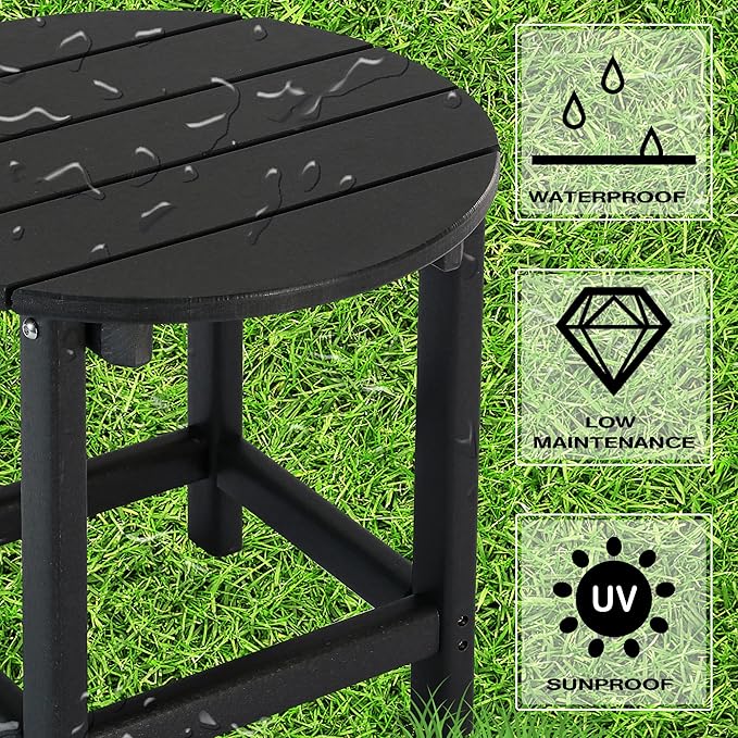 LZRS Round Adirondack Patio Side Table End Table, Outdoor Side Tables for Patio, Backyard,Pool, Indoor Companion, Easy Maintenance & Weather Resistant(Black)