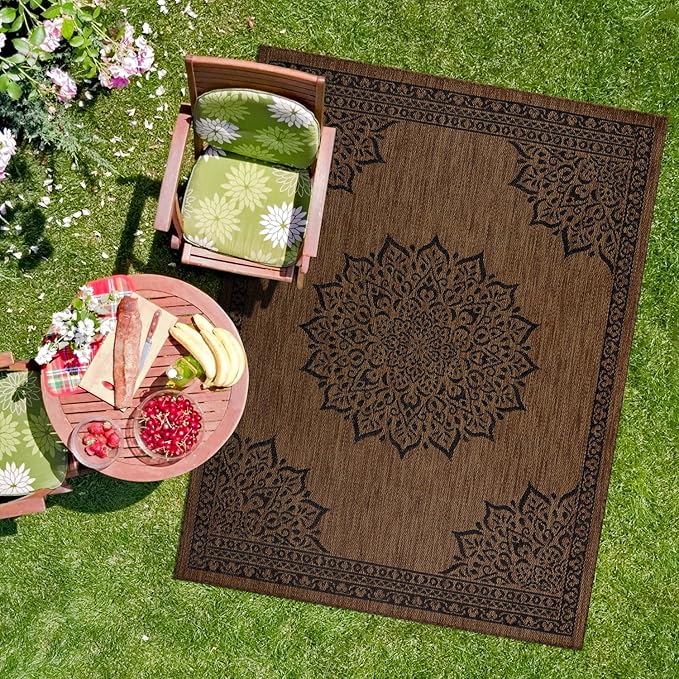 CAMILSON Outdoor Rug, 9x12 Medallion Nut Brown Black Modern Area Rugs for Large Indoor and Outdoor Patios, Kitchen and Hallway Mats, Washable Porch Deck Outside Carpet (Nut Brown Black, 9 x 12)