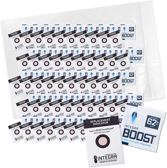 Integra Boost 2-Way Humidity Control Pack – Patented Technology for Humidity Control – Preserve Flavor & Maintain 62% RH – Moisture Absorber for Herbs, Spices & More – 2 Gram (Pack of 50)