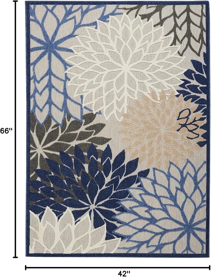 Nourison Aloha Indoor/Outdoor Blue/Multicolor 3'6" x 5'6" Area Rug, Tropical, Botanical, Easy Cleaning, Non Shedding, Bed Room, Living Room, Dining Room, Deck, Backyard, Patio (3x5)