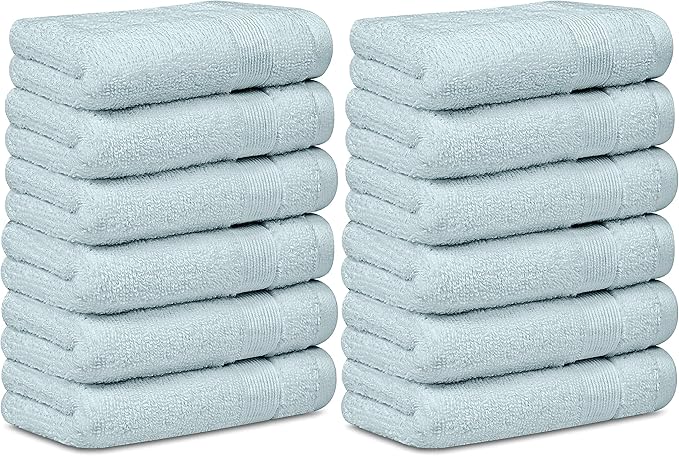 White Classic Resort Collection Soft Washcloth Face & Body Towel Set | 12x12 Luxury Hotel Plush & Absorbent Cotton Wash Clothes [12 Pack, Light Blue]