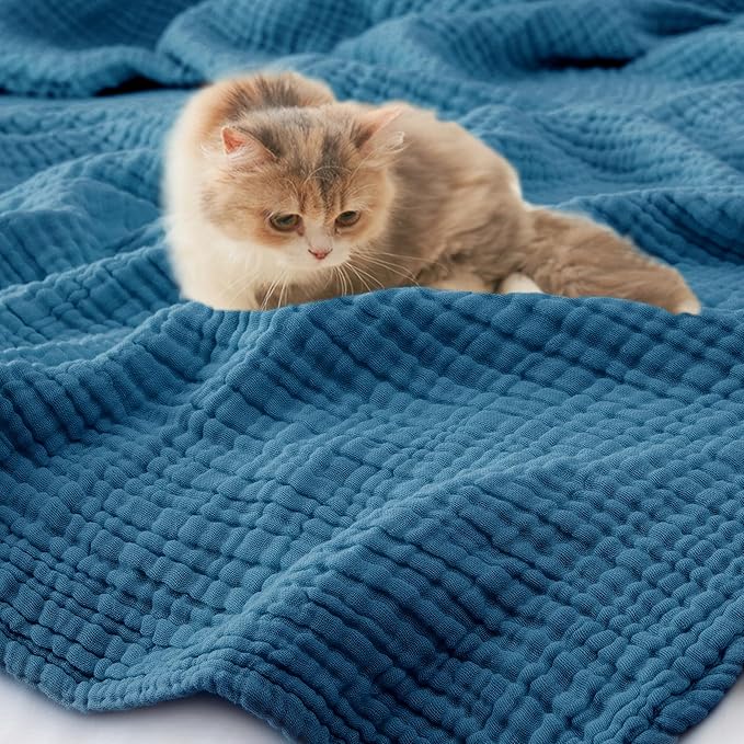 Carriediosa 100% Cotton Muslin Throw Blanket 108" X 90" King Size，4-Layers Summer Gauze Throws for Bed Couch，Soft Lightweight Breathable Linen Blankets Bedspread for Adults All Season，Dusty Blue