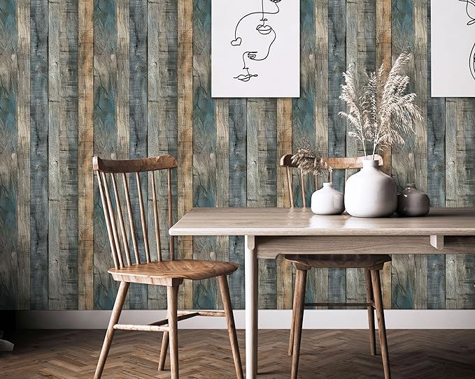 FLFK 16" x 384" Wallpaper Peel and Stick Blue-Gray Wood Contact Paper
