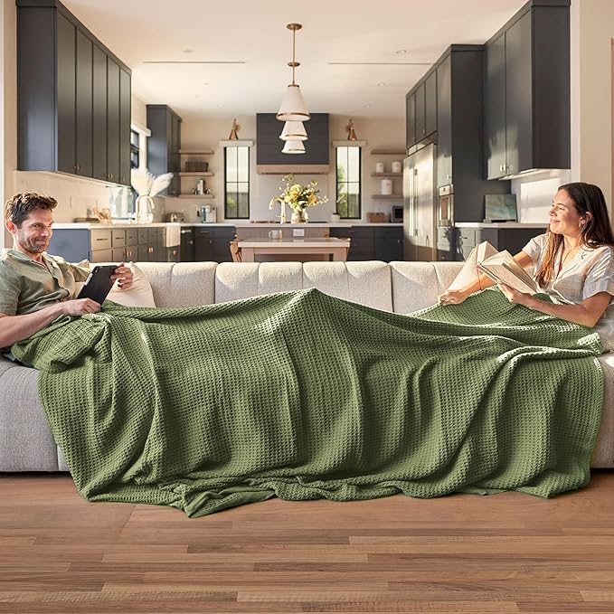 Bedsure 100% Cotton Blanket Queen Size for Bed - Breathable and Soft, Waffle Weave Blanket for Summer, Thick Cozy Fall Blankets for Women Gift, Olive Green, 90x90 Inches