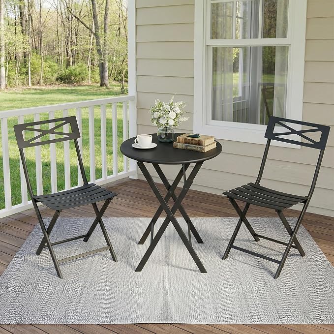 GarveeLife 3 Piece Patio Bistro Set, New Iron Outdoor Furniture Set, Metal Table and Chairs Set for Balcony, Garden or Porch, Black