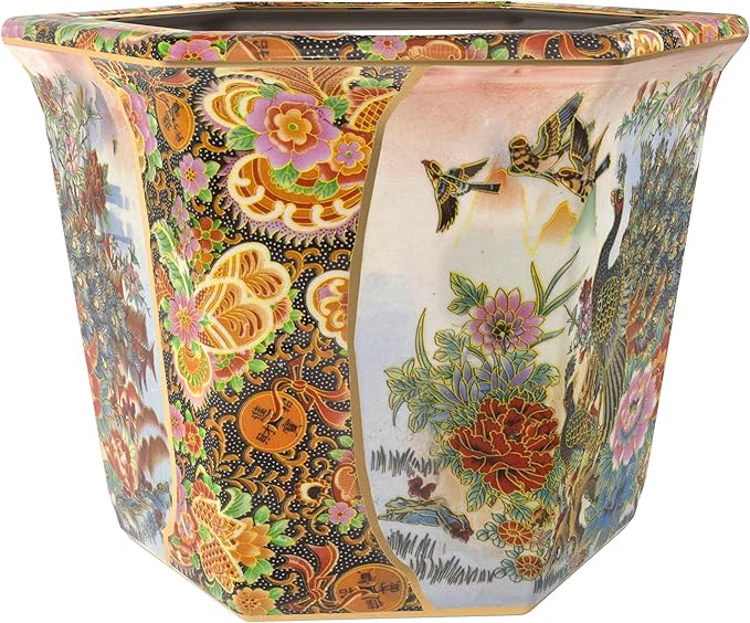 Red Lantern 10" Porcelain Flower Pot, Satsuma Ladies & Peacock
