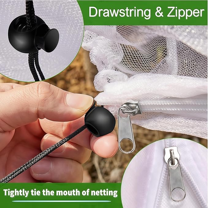 1 Pack 12.5×12.2Ft Extra Large Drawstring & Zipper Fruit Tree Netting Cover - Reusable Bird Netting for Blueberry Bushes, Anti-Cicada/Deer/Squirrel Large Plant Protection Net