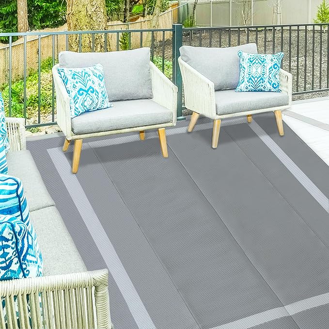 Ogrmar 8x10 FT Reversible Mats, Outdoor Rug for Patio Clearance, Waterproof Carpet, Plastic Straw Rug for Indoor Outdoor, Floor Mat&Rug for RV Porch Camping Backyard Deck Balcony Beach Trailer (Gray)