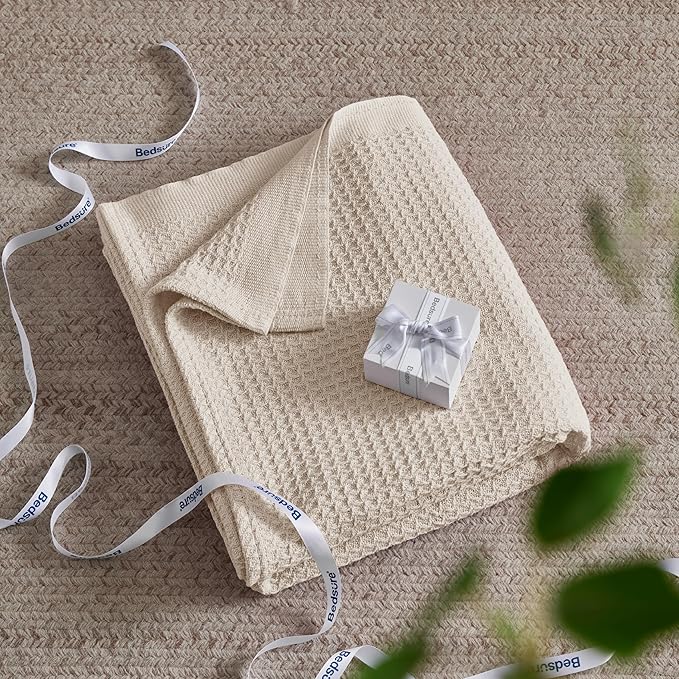 Bedsure 100% Cotton Large Throw Blanket for Couch 50x70 inches - Breathable and Soft, Waffle Weave Throw Blanket for Office, Khaki (a Little Bit Yellow)