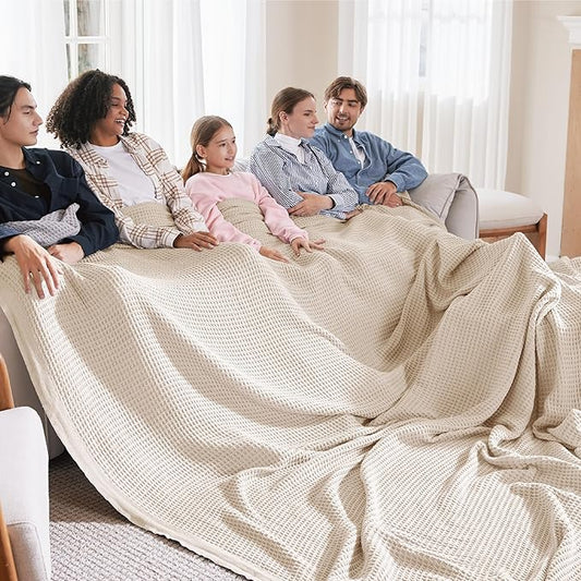 Bedsure 100% Cotton Large Blanket Oversized King for Bed - Breathable Thick Waffle Weave Blanket for Summer, Couch Cover, Khaki (a Little Bit Yellow), 120x94 inches