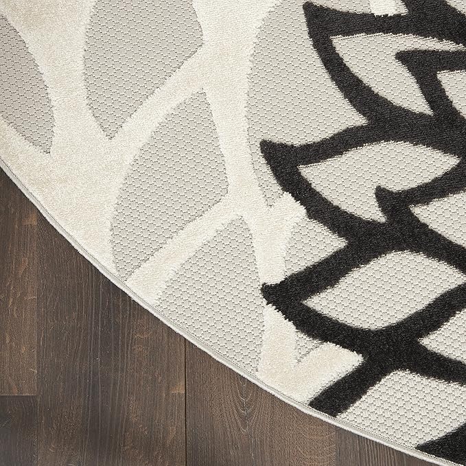 Nourison Aloha Indoor/Outdoor Black White 7'10" x Round Area Rug, Tropical, Botanical, Easy Cleaning, Non Shedding, Bed Room, Living Room, Dining Room, Deck, Backyard, Patio (8 Round)