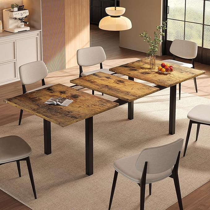 Extendable Dining Table for 4-6, 63" Modern Kitchen Table, Farmhouse Dining Room Tables for Dining, Kitchen, Office, Living Room, Rectangular Wooden Tables, Space Saving (Rustic Brown)