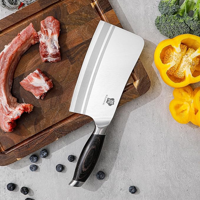 WILDMOK Meat Cleaver Knife, 7 Inch Heavy Duty Bone Chopper, German Stainless Steel Butcher Knife with Black Pakkawood Handle, Chinese Cleaver for Kitchen