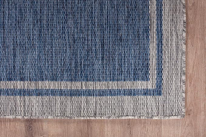 CAMILSON Outdoor Rug, 9x12 Bordered Navy Blue Gray Modern Large Area Rugs for Indoor and Outdoor Patios, Porches Waterproof Washable Porch Deck Outside Carpet (Bordered Navy, 9 x 12)