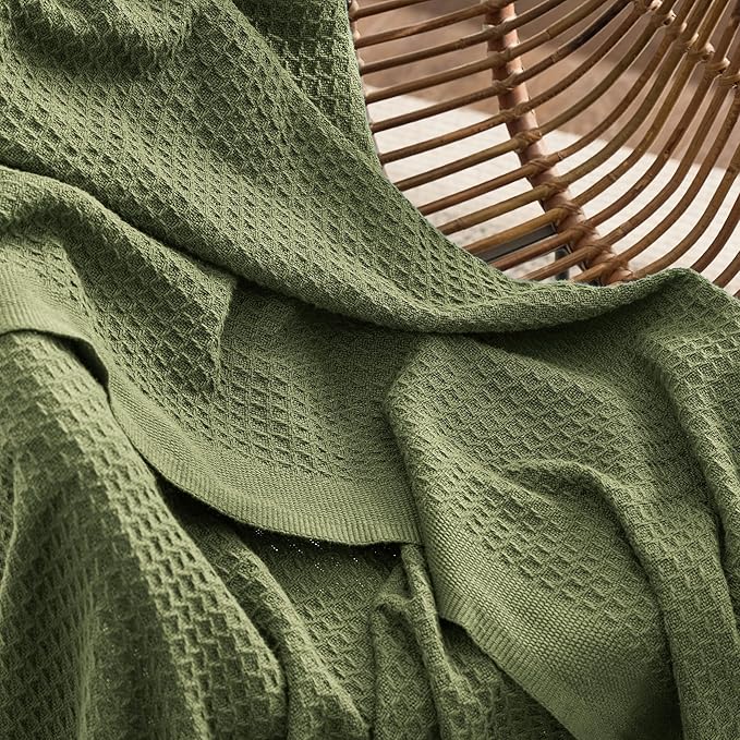 Bedsure 100% Cotton Blanket Twin XL Size for College Dorm - Breathable and Soft, Waffle Weave Twin Blanket for Summer, Dorm Room Essentials, Olive Green, 66x90 inches