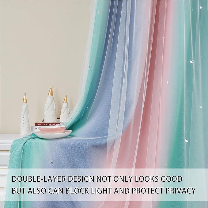 XiDi Pink Grey Curtains for Girls Bedroom, Unicorn Wall Decals Green Curtain