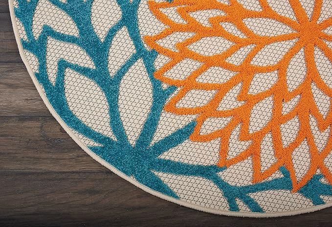 Nourison Home Aloha Indoor/Outdoor Multicolor 4' x Round Area Rug, Tropical, Botanical, Easy Cleaning, Non Shedding, Bed Room, Living Room, Dining Room, Deck, Backyard, Patio (4 Round)