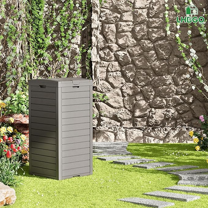 Outdoor Trash Can, 2 Set of 31 Gallon Garbage Can with Tiered Lid and Drip Tray, Waterproof Resin Patio Waste Bin for Garden, Backyard, Deck