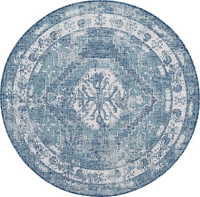 Unique Loom Outdoor Traditional Collection Area Rug - Valeria (5' 3" Round, Blue/ Ivory)